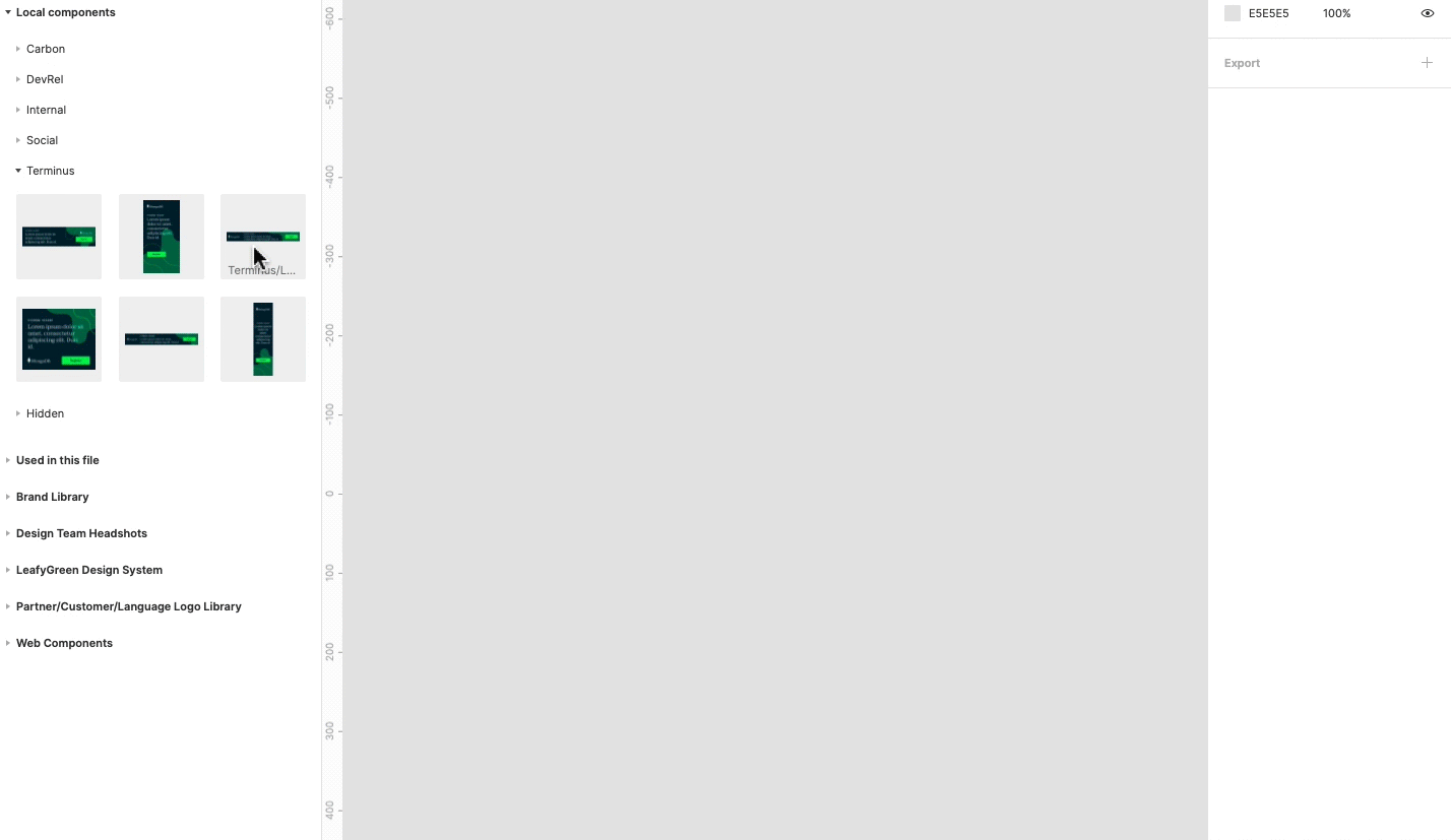 Figma library of MongoDB ad templates organized by campaign, including banner and skyscraper sizes