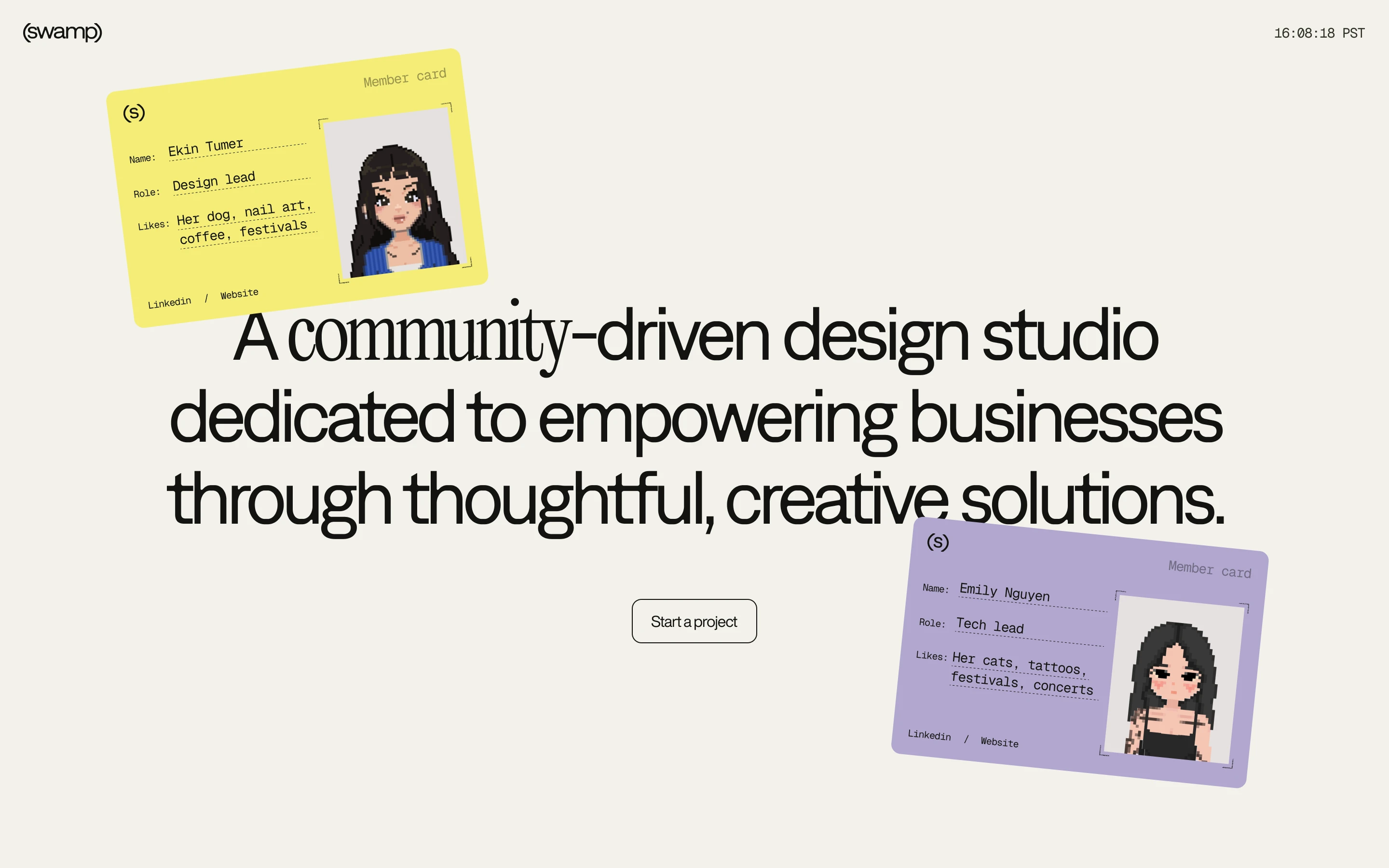 Homepage of swamp, a community-driven design studio, with pixel-art member cards for Ekin Tumer and Emily Nguyen