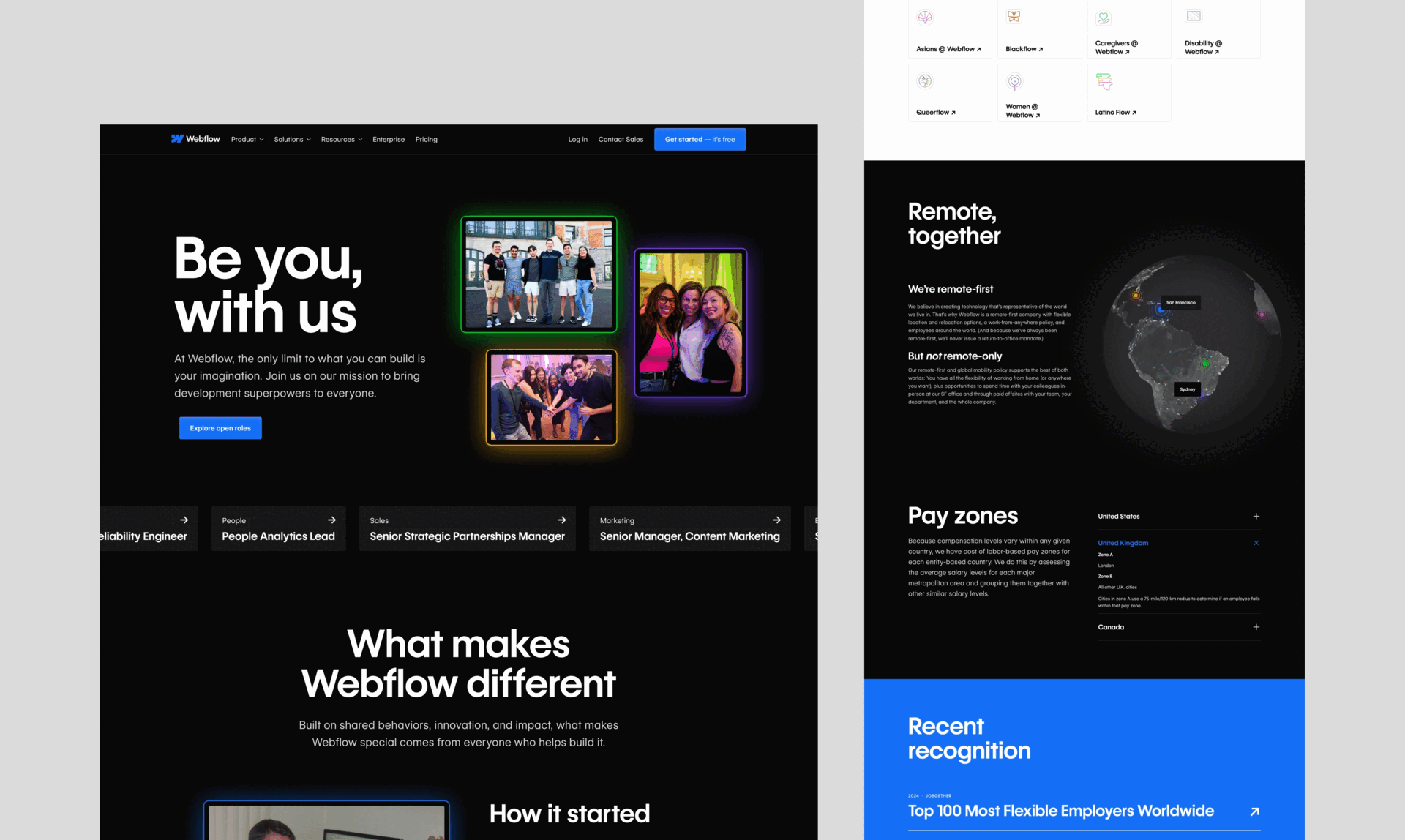 Web designs for Webflow's careers, DEI, and customer stories pages